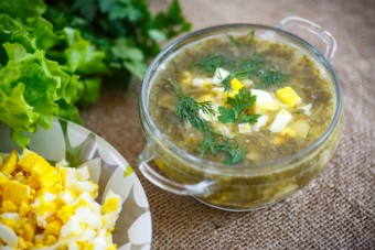 Sup hijau dengan kendi dan telur: bagaimana memasak lezat dan cepat